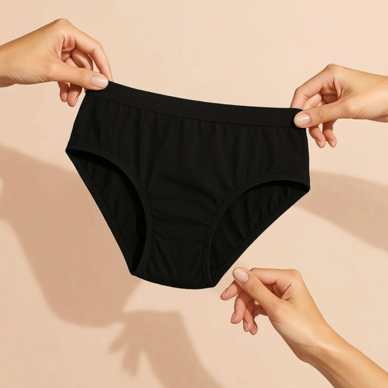Culotte menstruelle noire présentée sur fond beige — Elia