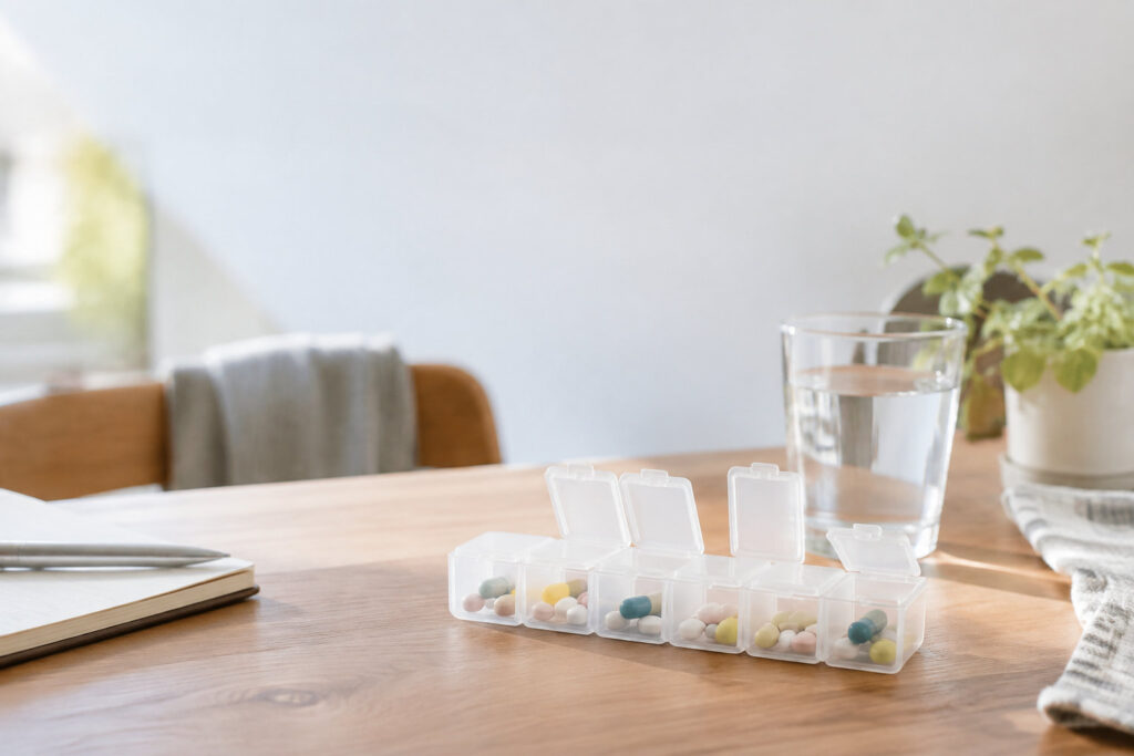 Pilulier hebdomadaire transparent rempli de médicaments posé sur une table en bois à côté d'un verre d'eau.