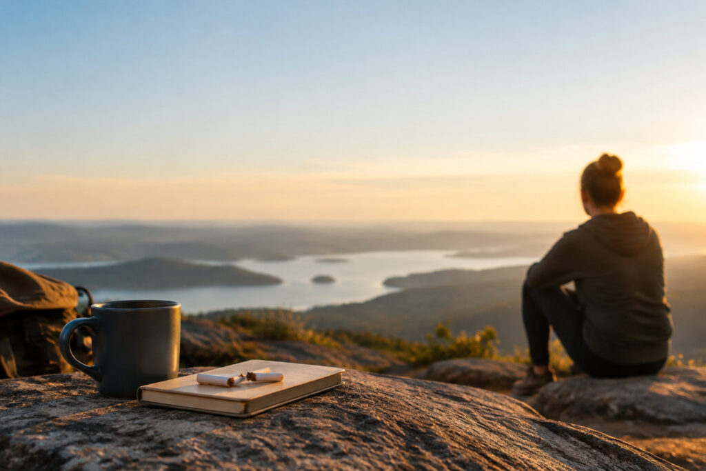 Une cigarette brisée sur un carnet devant une personne contemplant un coucher de soleil sur un lac depuis une montagne.