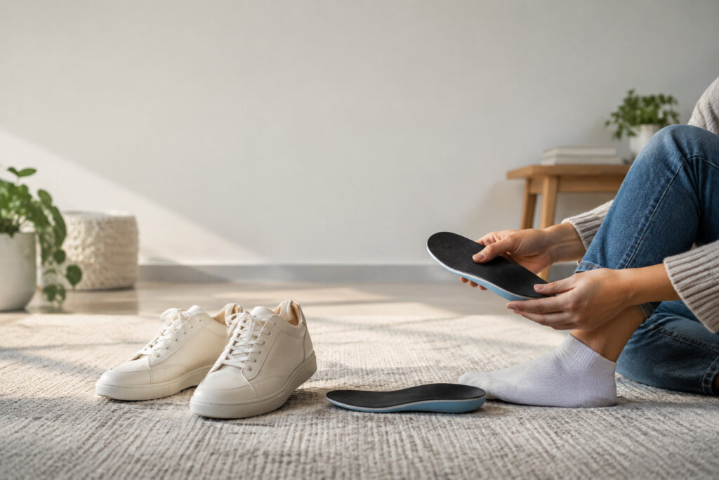 Une personne assise sur un tapis tenant une semelle orthopédique près de baskets blanches.