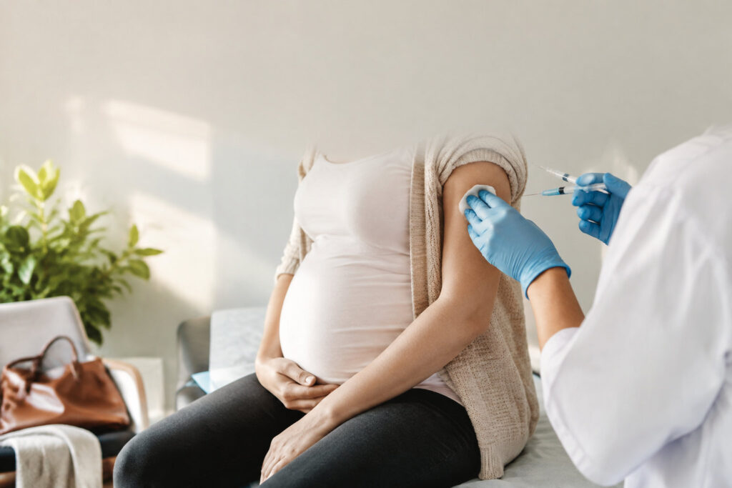 Une femme enceinte reçoit un vaccin contre la grippe de la part d'un professionnel de santé en blouse blanche.