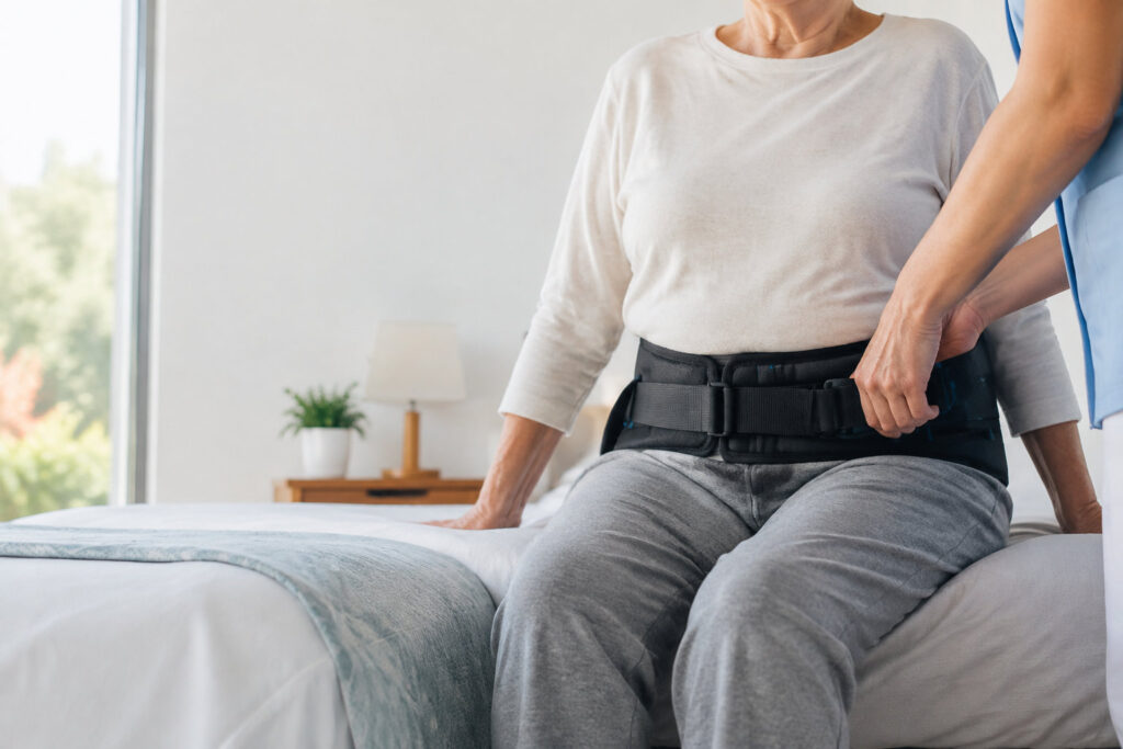 Une soignante aide une patiente âgée à ajuster une ceinture de contention pelvienne noire alors qu'elle est assise au lit.