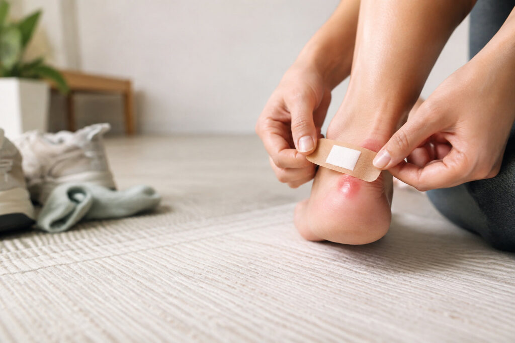 Une personne applique un pansement sur une ampoule douloureuse et rouge située sur le talon.