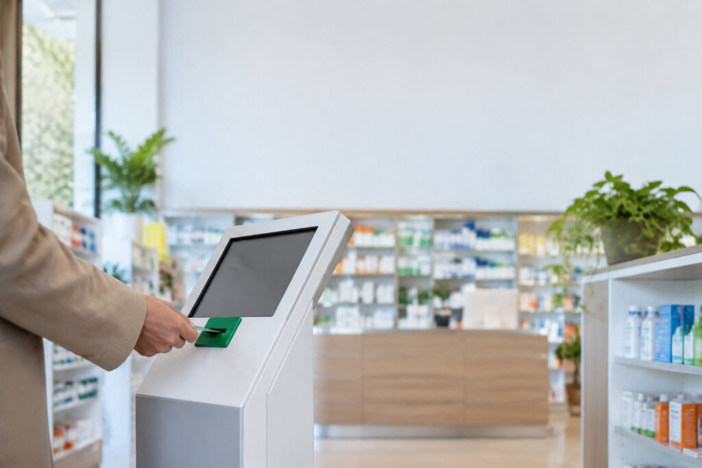 Une personne insère sa carte Vitale dans une borne de mise à jour tactile située dans une pharmacie.