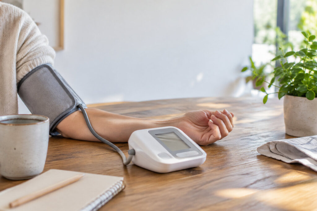 Une personne prend sa tension artérielle avec un tensiomètre électronique posé sur une table en bois.