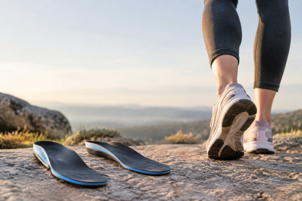 Semelles orthopédiques posées sur un rocher à côté d'une personne portant des chaussures de sport en extérieur.