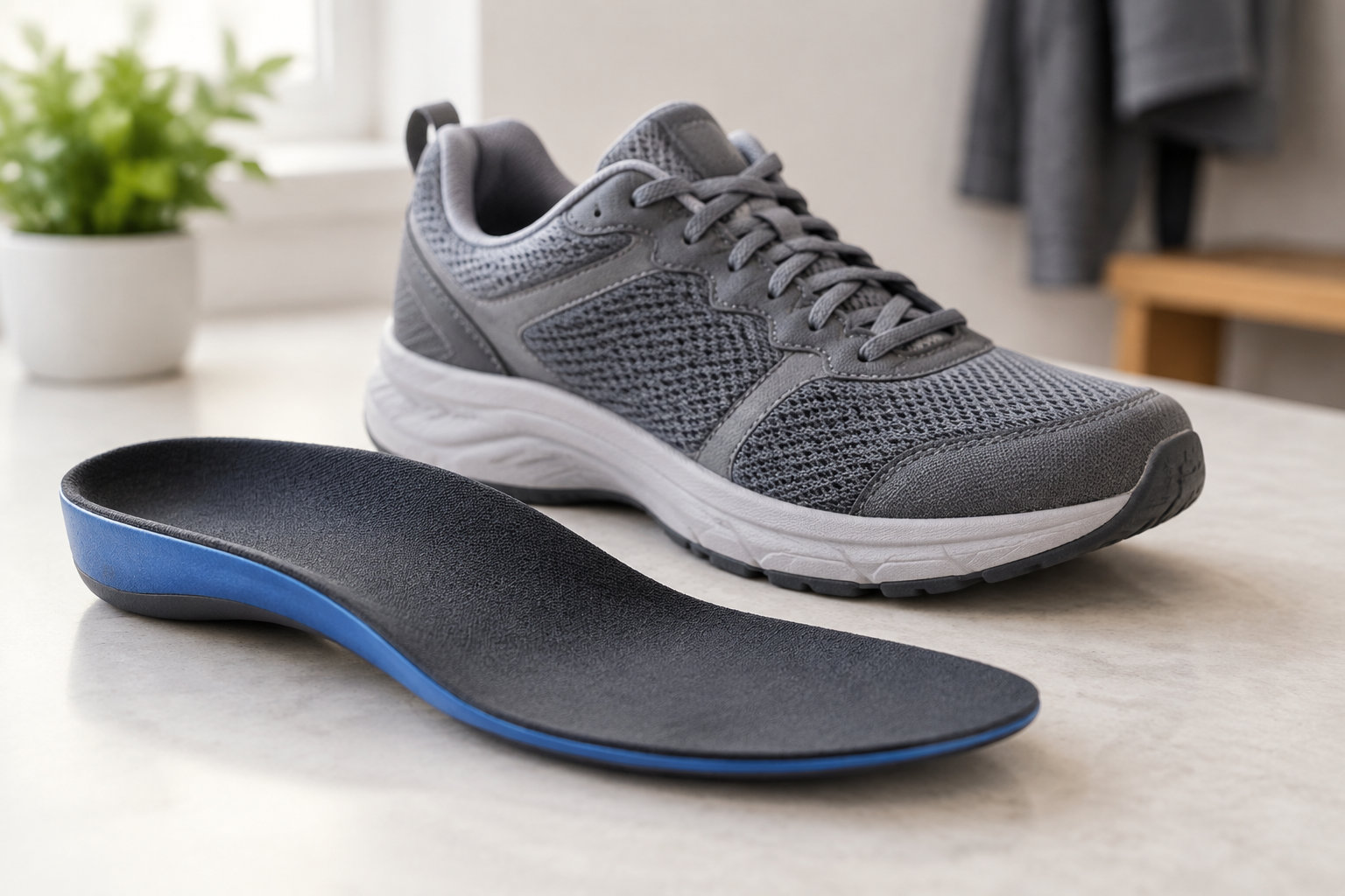 Une chaussure de sport grise et une semelle intérieure noire bordée de bleu sont posées sur une table claire.