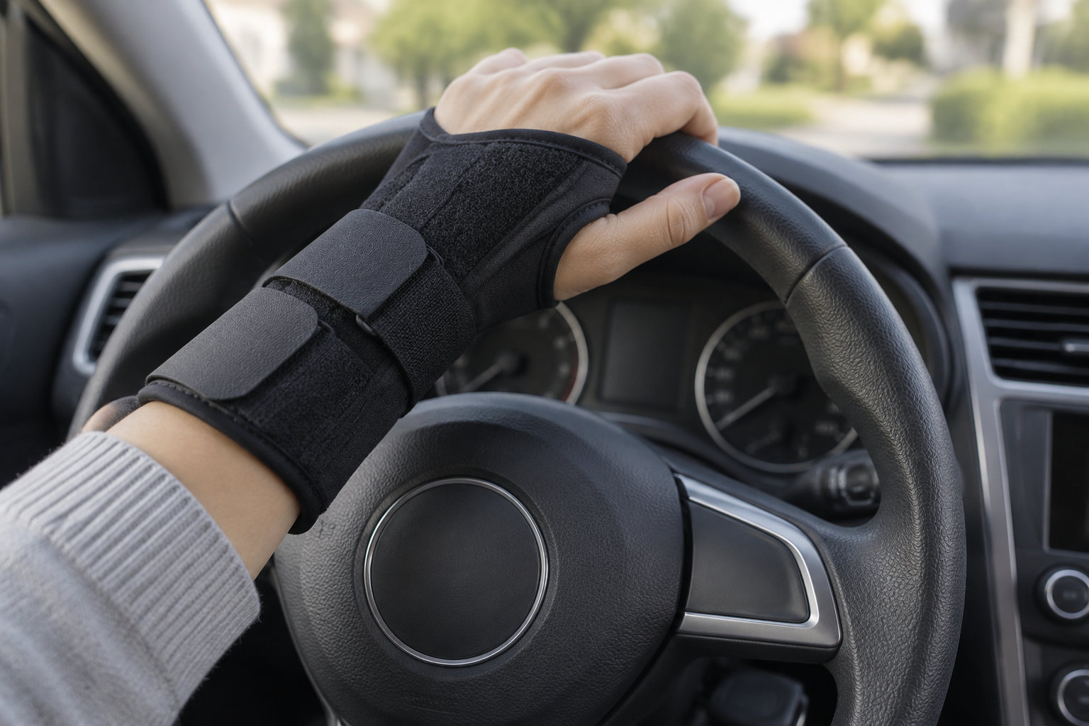 Une main portant une orthèse noire tient le volant d’une voiture.