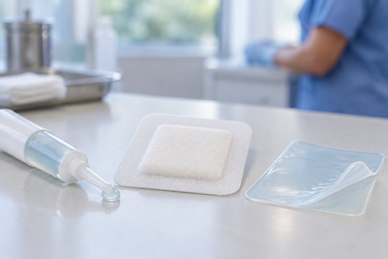Une seringue, un pansement et un film transparent sont posés sur une table, avec une personne en blouse bleue en arrière-plan.