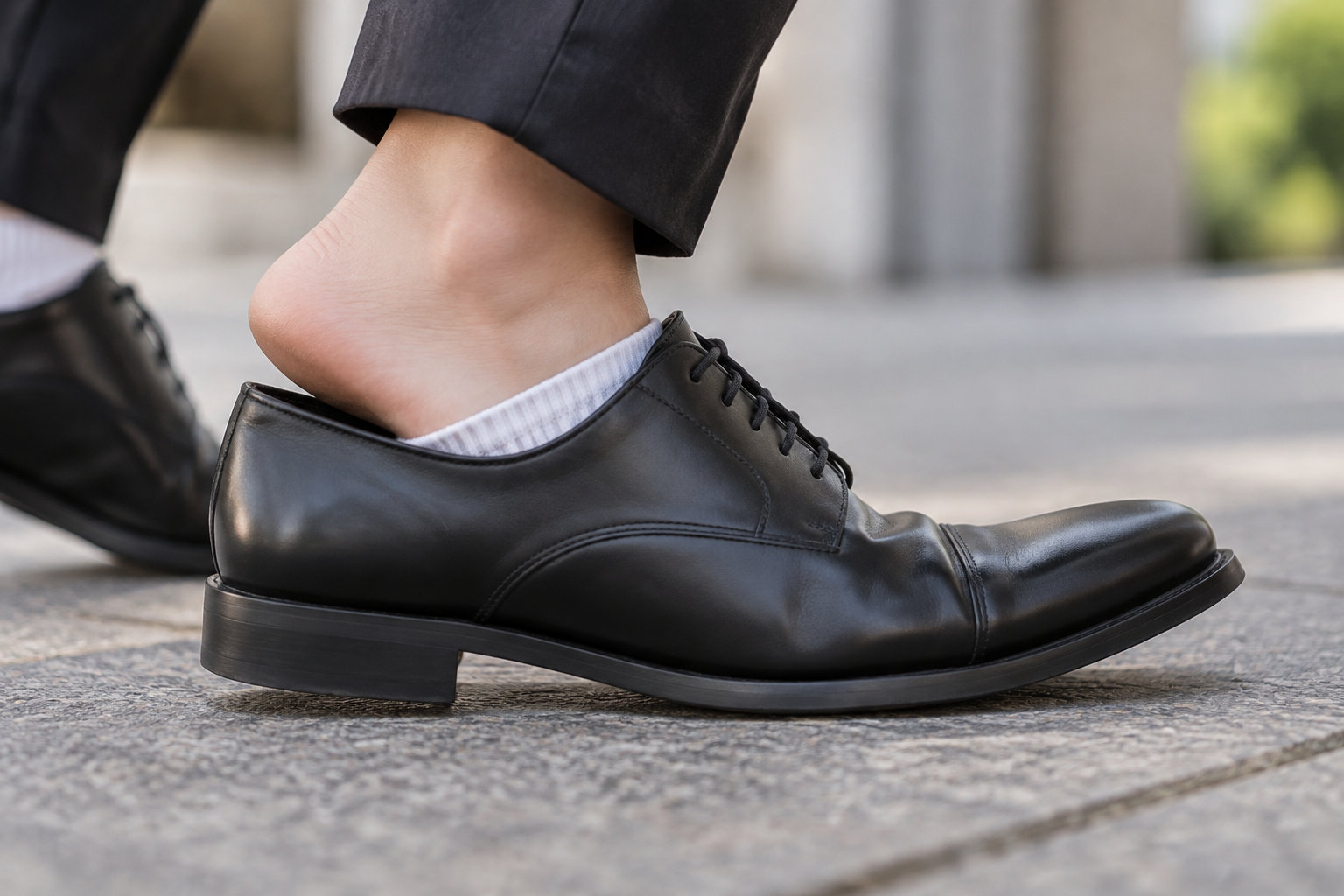 Un pied en chaussette porte une chaussure habillée noire, le talon soulevé au-dessus d’un trottoir pavé.