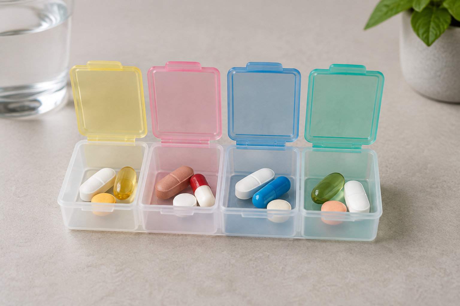 Un pilulier à quatre compartiments colorés, ouverts et remplis de comprimés et de gélules, est posé sur une table claire.