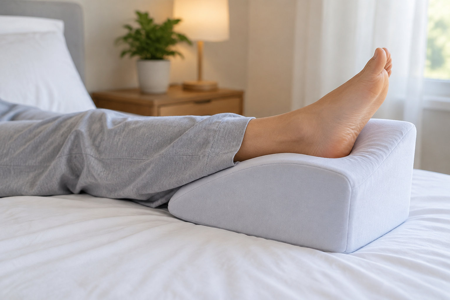 Une personne allongée sur un lit pose ses jambes sur un coussin de surélévation, dans une chambre lumineuse.