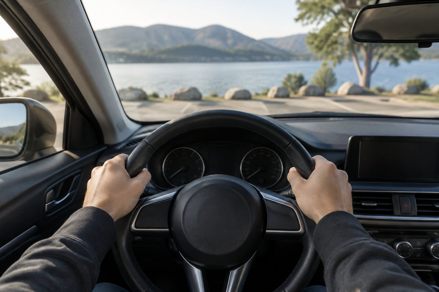 Vue depuis l’intérieur d’une voiture, où les mains d’un conducteur tiennent le volant face à un lac et des montagnes.