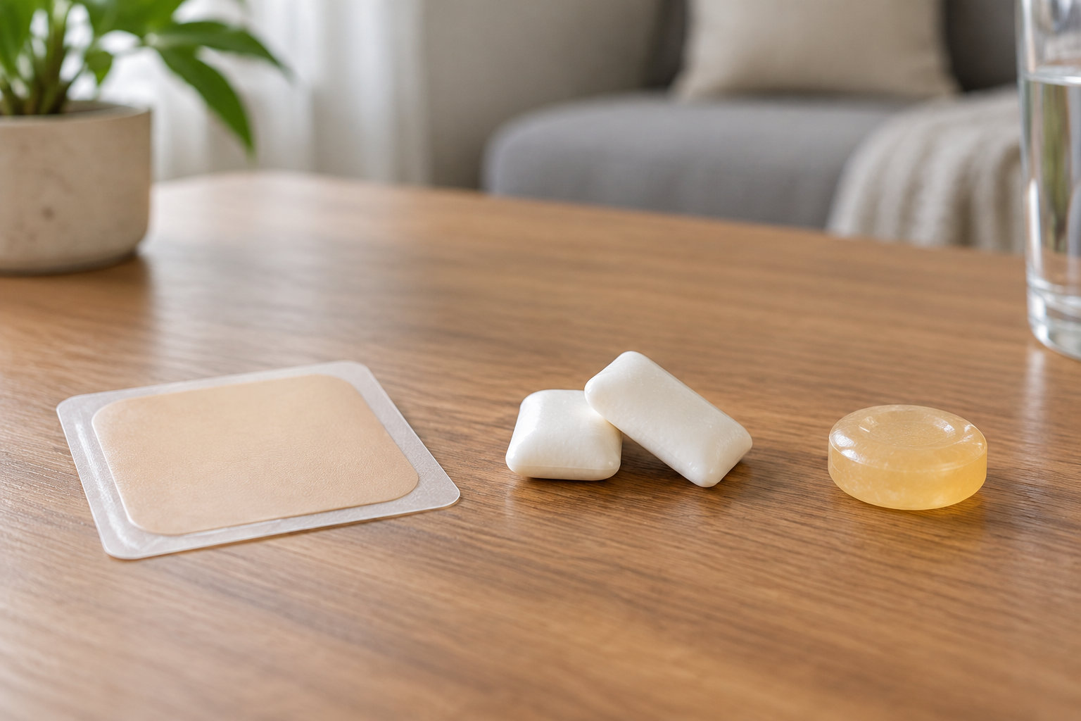 Une compresse emballée, deux petits objets blancs et un disque ambré sont posés sur une table en bois.