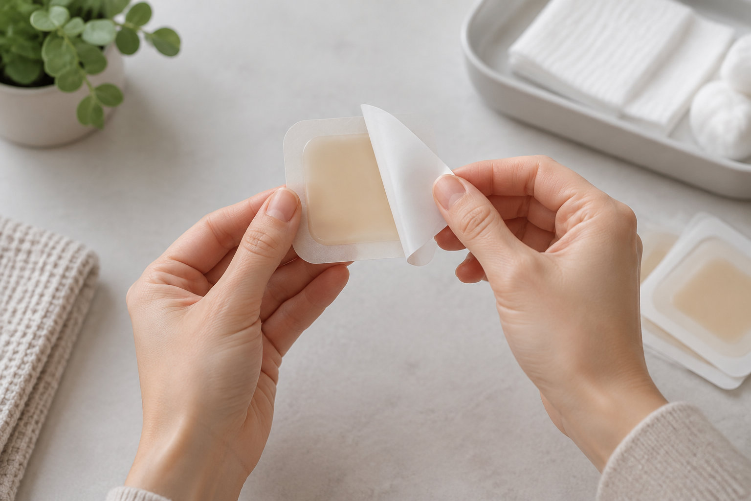 Deux mains décollent la pellicule protectrice d’un pansement adhésif au-dessus d’une surface claire, avec d’autres pansements, un tissu plié et une plante en pot à proximité.