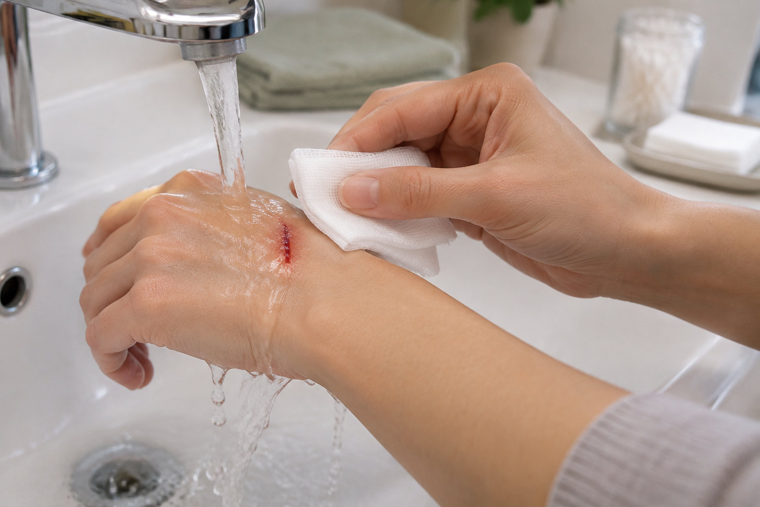 Une personne rince une petite coupure sur le dos de sa main sous un robinet et la tamponne avec une compresse.