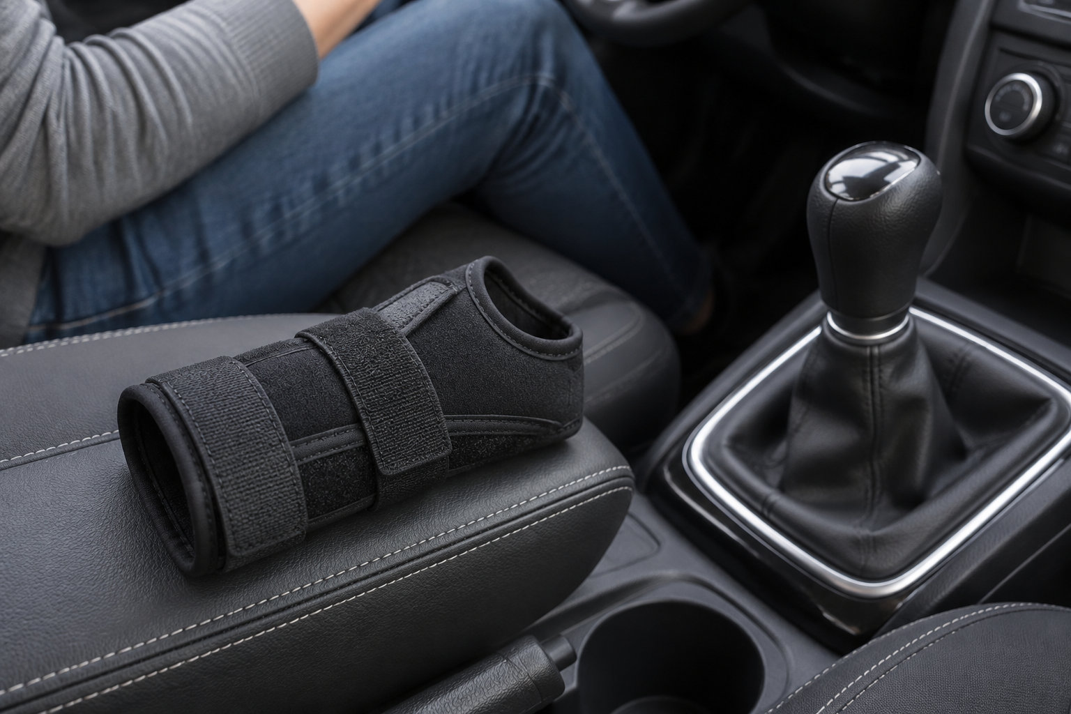 Un support noir en tissu avec des bandes de fixation est posé sur l’accoudoir, à côté du levier de vitesse d’une voiture.