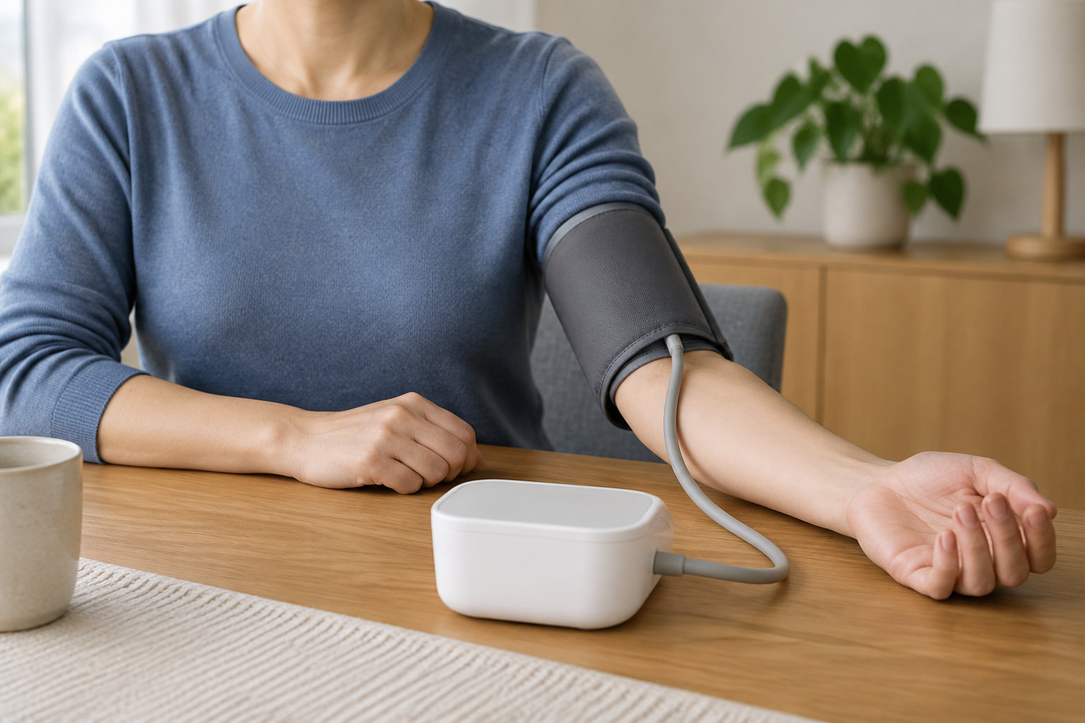 Une personne assise à une table porte un brassard de tensiomètre relié à un appareil blanc posé devant elle.