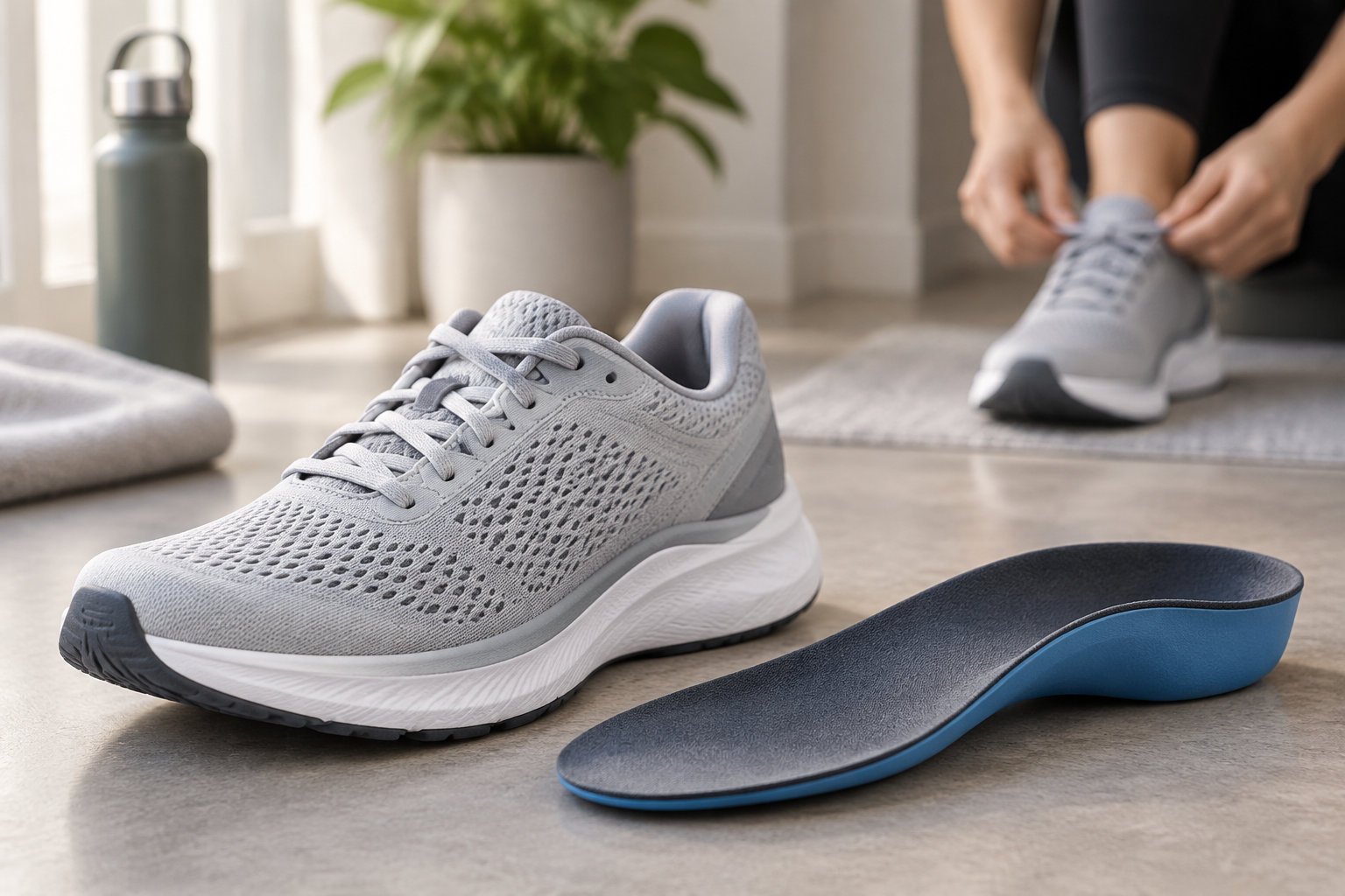 Une chaussure de sport grise et une semelle intérieure bleue sont posées au sol, tandis qu’une personne lace une autre chaussure en arrière-plan.