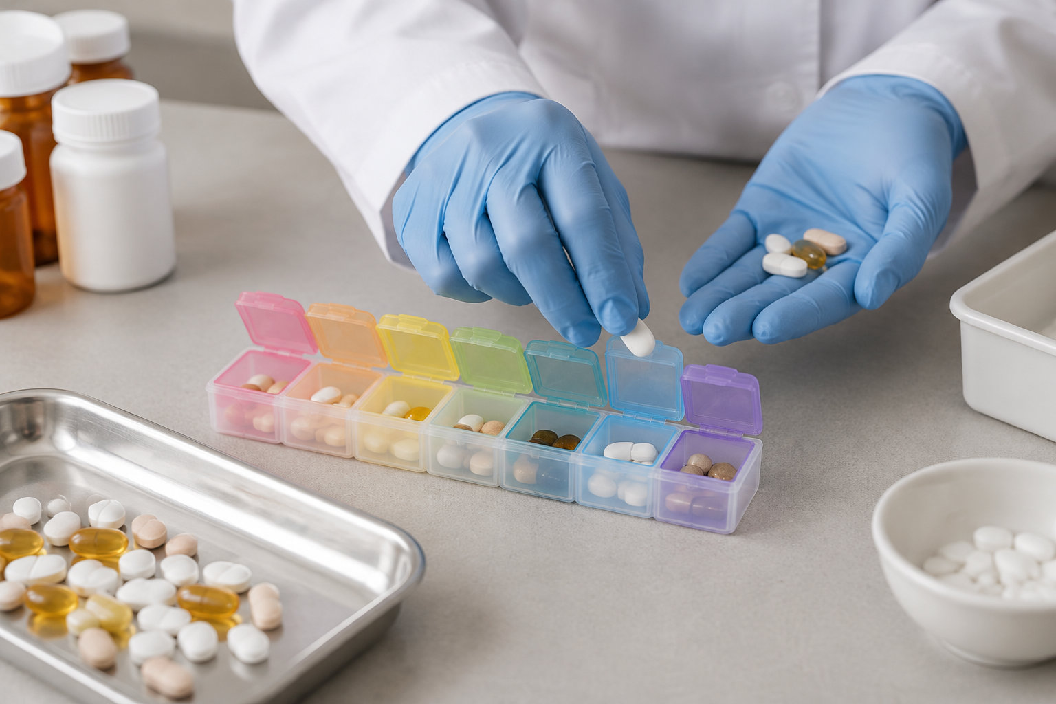 Une personne en blouse et gants bleus répartit des comprimés dans un pilulier coloré, près de flacons et d’un plateau de médicaments.