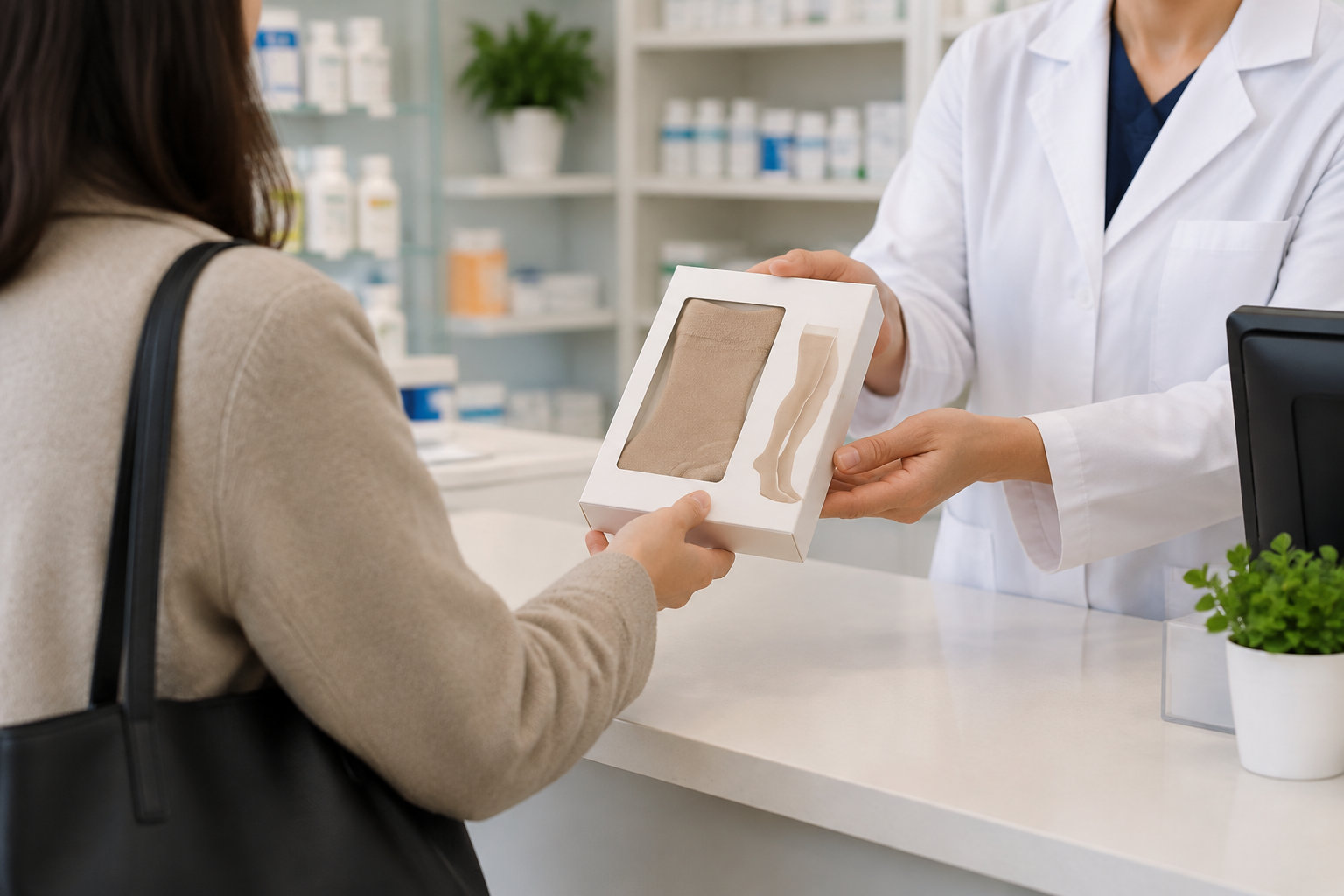 Une pharmacienne remet à une cliente une boîte contenant des bas de compression, derrière un comptoir de pharmacie.