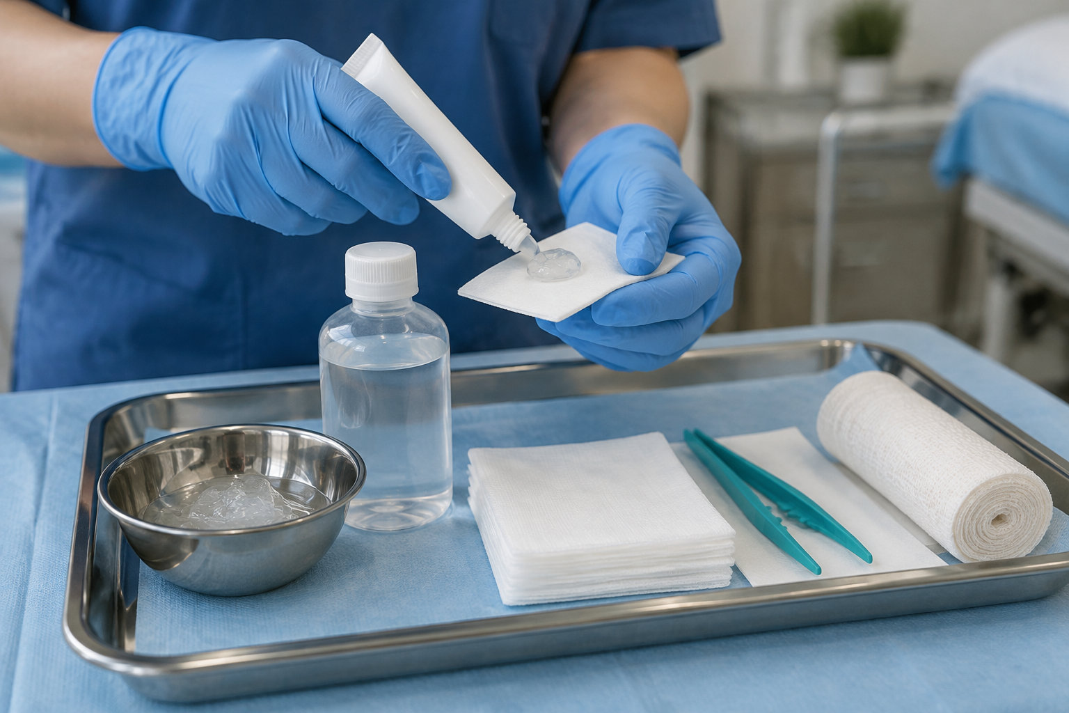 Une personne gantée dépose du gel sur une compresse au-dessus d’un plateau contenant du matériel de soin.