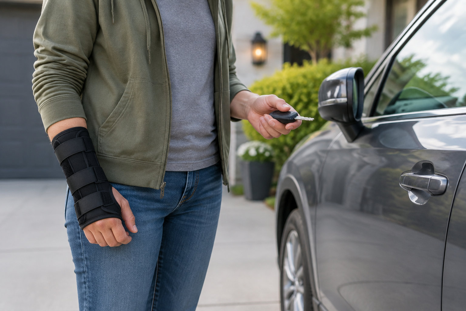 Une personne portant une attelle au poignet tient une clé près de la portière d’une voiture.