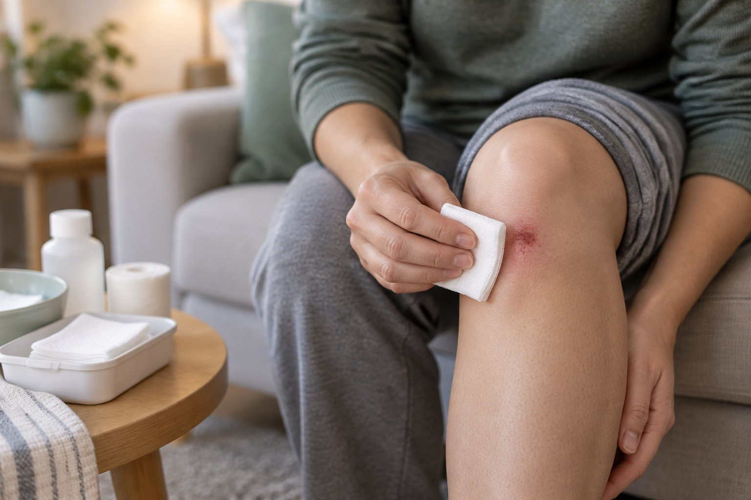 Une personne assise nettoie avec une compresse une petite éraflure rouge sur son genou, près d’une table où se trouvent des fournitures de soin.