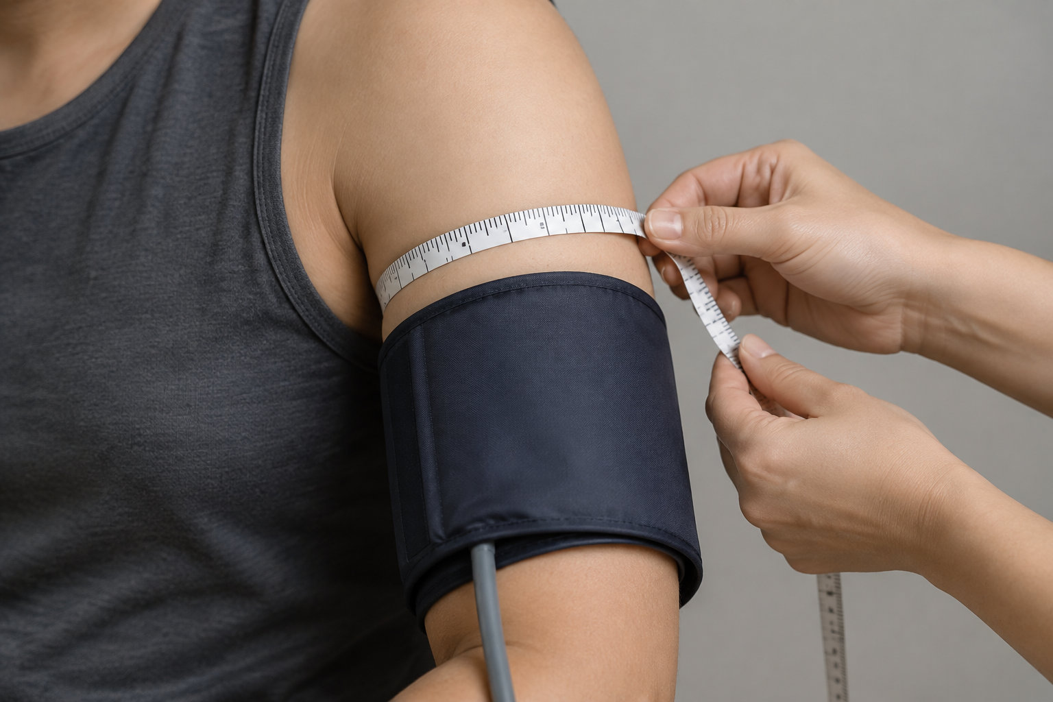 Une personne prend la mesure du tour de bras d’une autre avec un ruban gradué, au-dessus d’un brassard de tensiomètre.