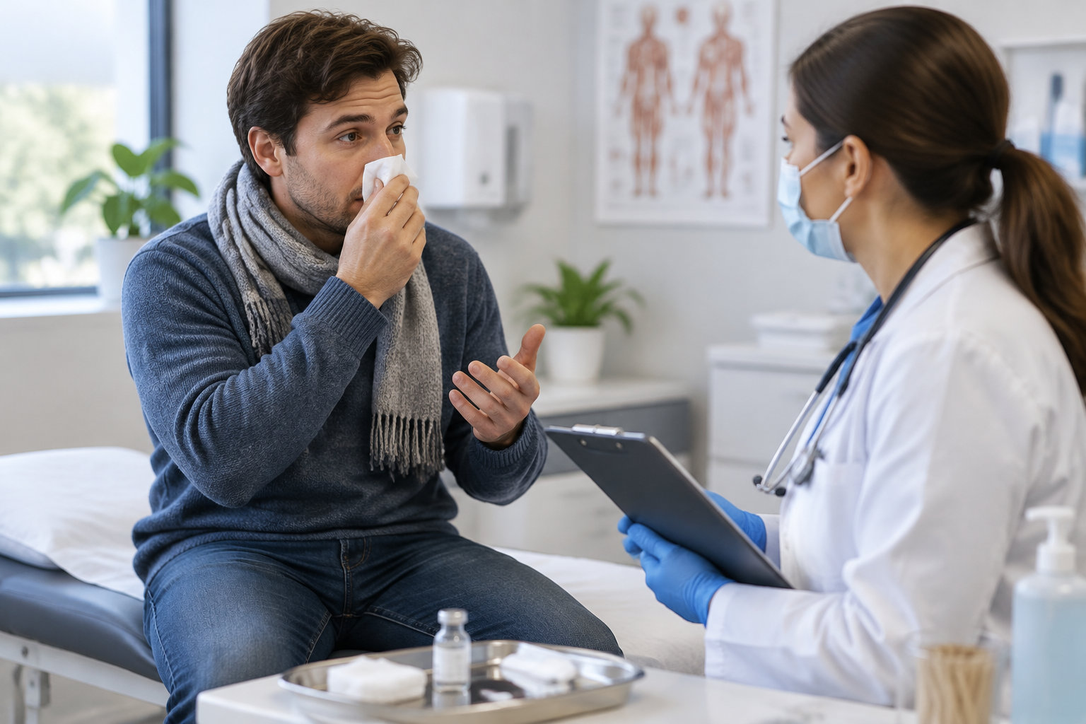 Un homme enrhumé, un mouchoir contre le nez, consulte une médecin masquée qui tient un dossier dans un cabinet médical.