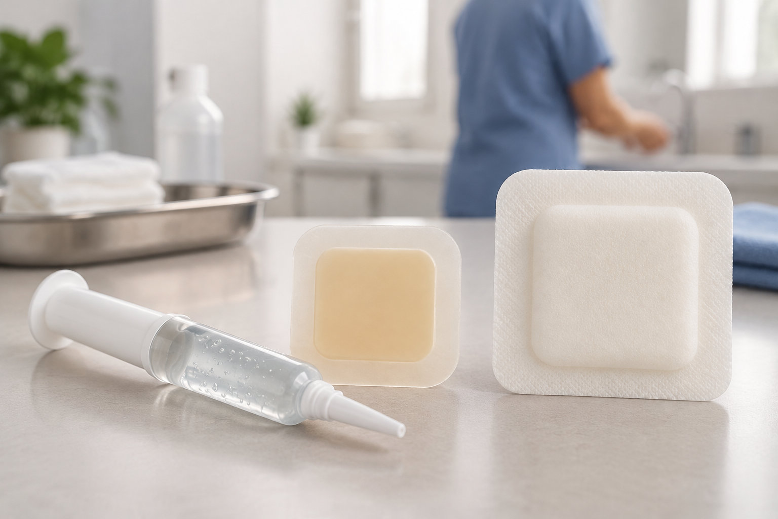 Une seringue sans aiguille et deux pansements sont posés sur une table, avec une personne en tenue médicale en arrière-plan.