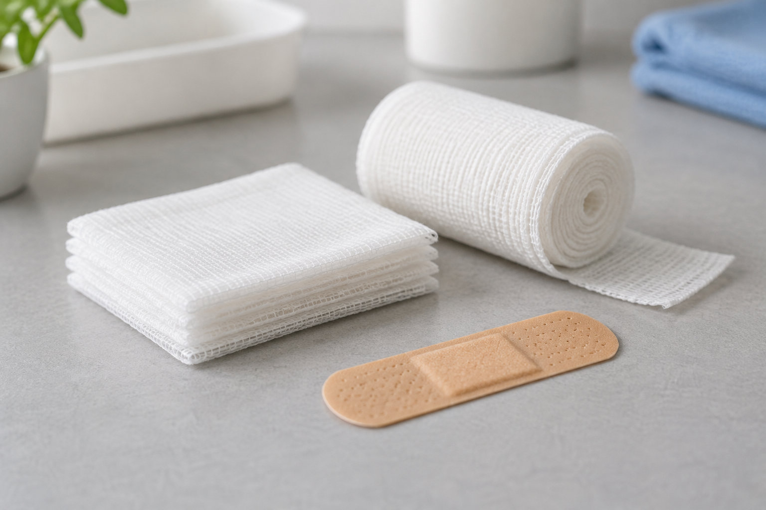 Des compresses blanches pliées et un rouleau de gaze sont posés à côté d’un pansement adhésif sur un comptoir gris.
