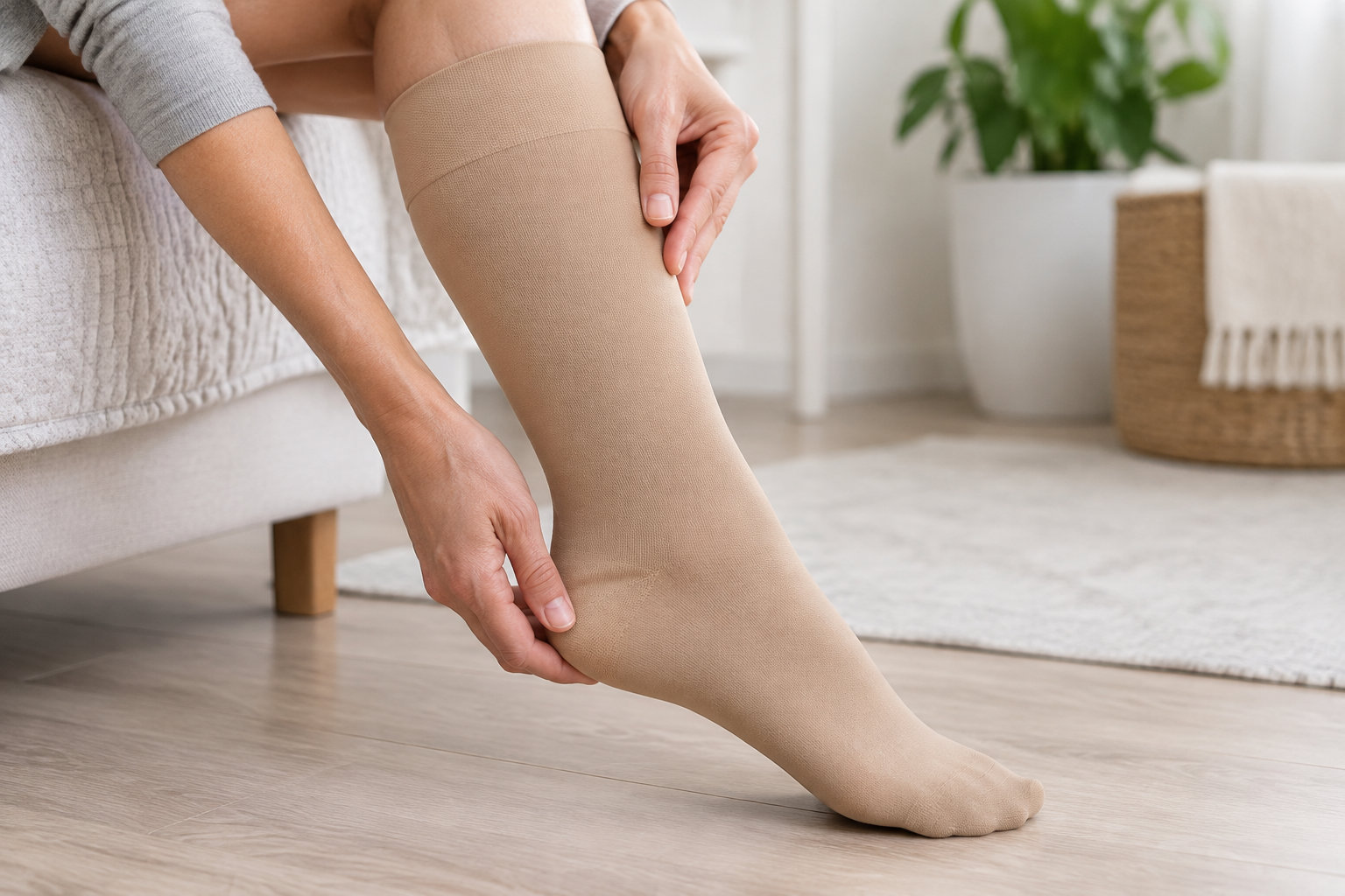 Une personne assise sur un canapé ajuste un bas de compression beige sur sa jambe.