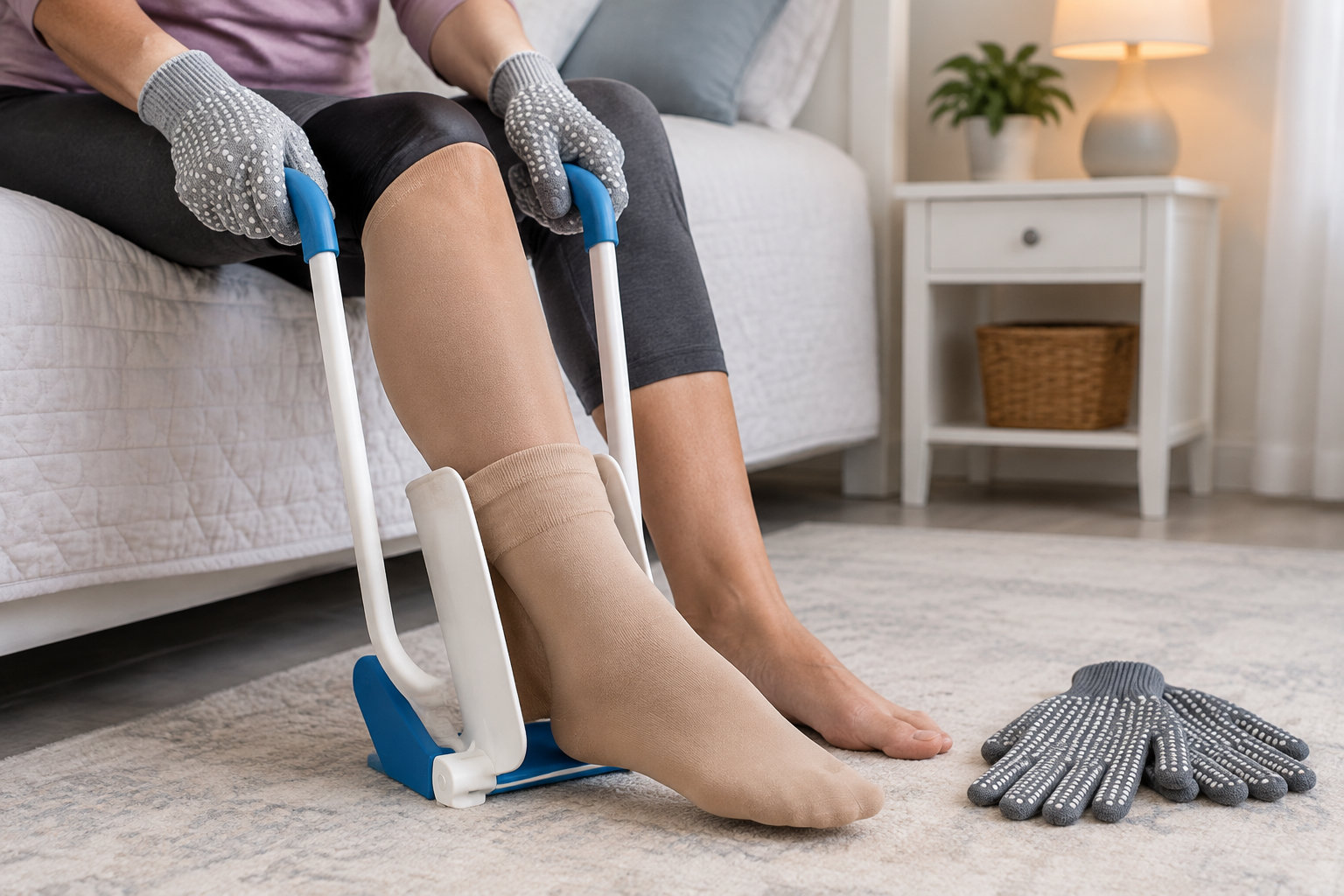 Une personne assise au bord d’un lit utilise un dispositif pour enfiler un bas de contention, tandis qu’une paire de gants antidérapants est posée sur le tapis.