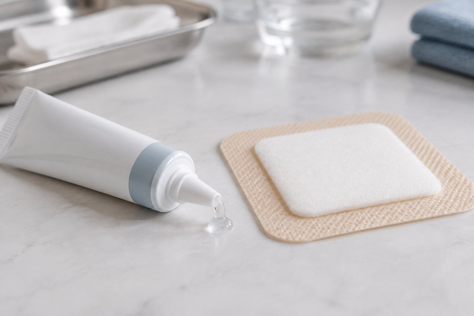 Un tube blanc ouvert laisse couler une goutte de gel près d’un pansement posé sur une surface claire.