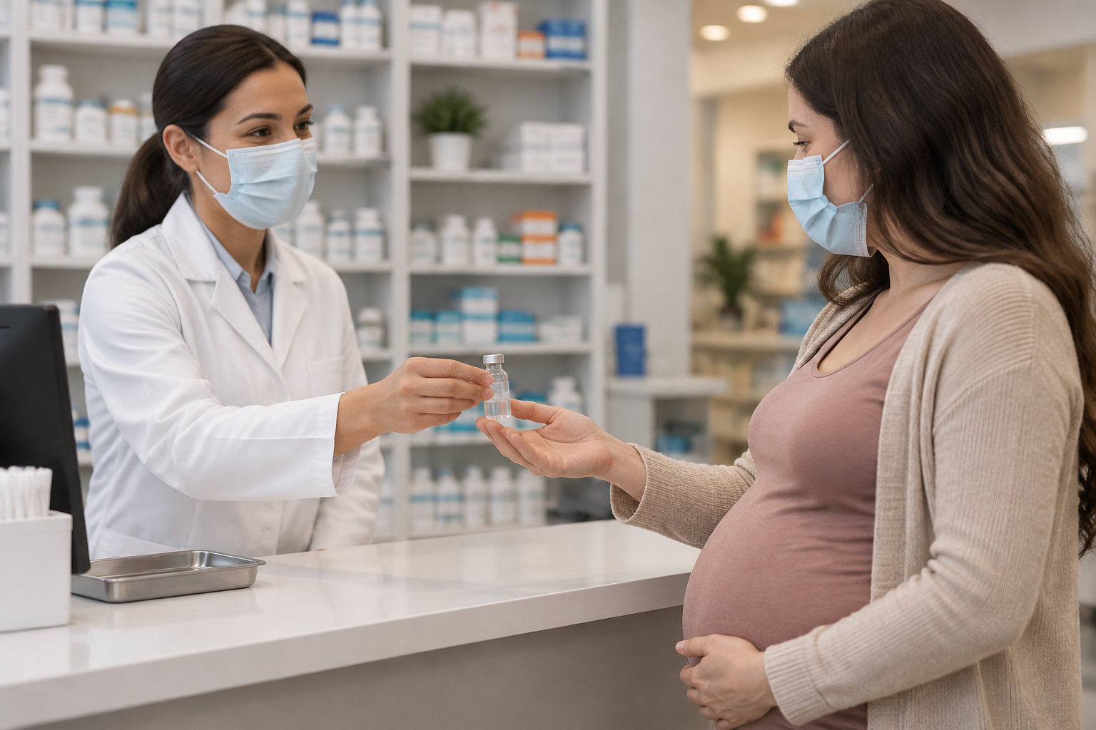 Dans une pharmacie, une pharmacienne masquée tend un petit flacon à une femme enceinte masquée, debout devant le comptoir.