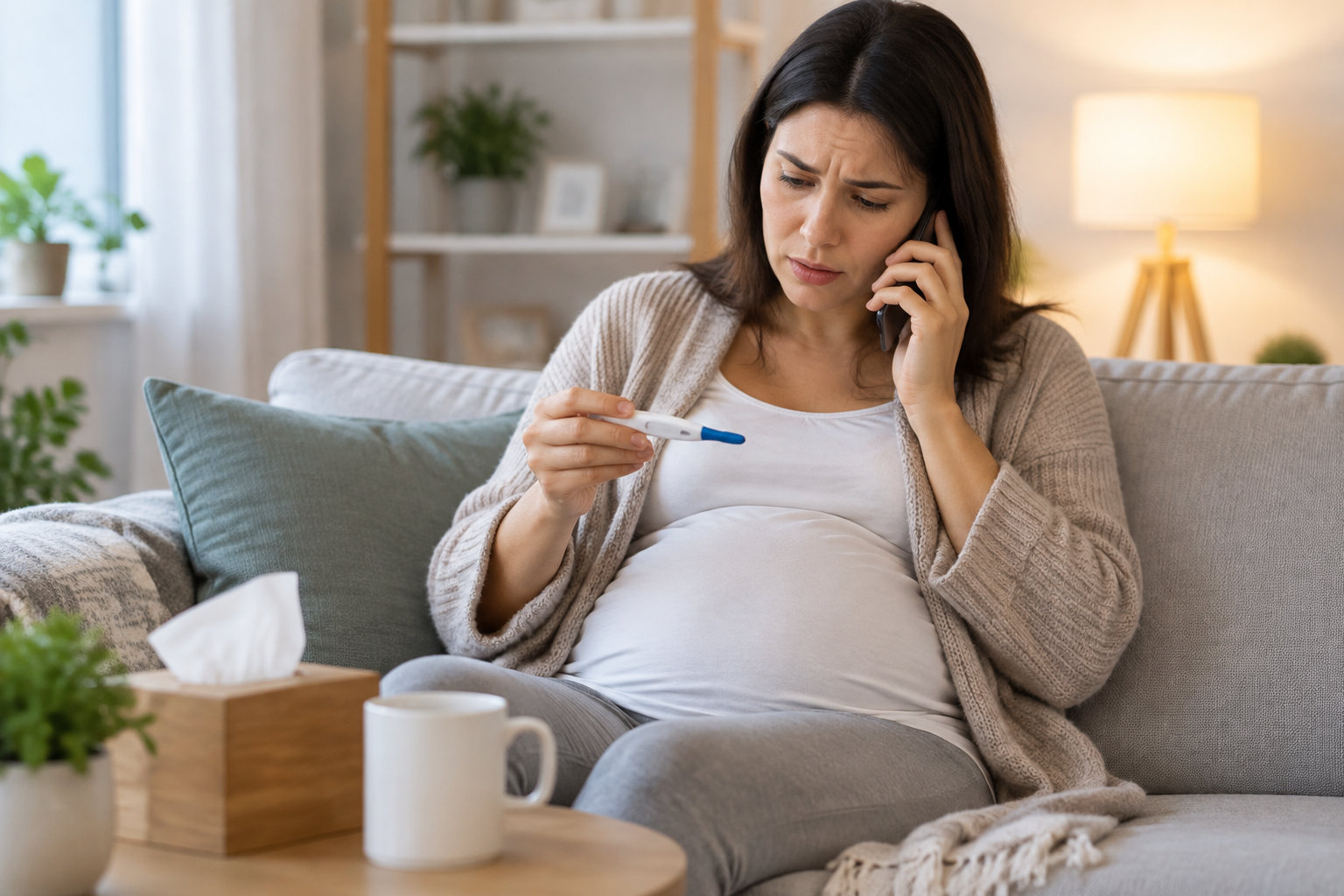 Une femme enceinte assise sur un canapé regarde un thermomètre tout en téléphonant.