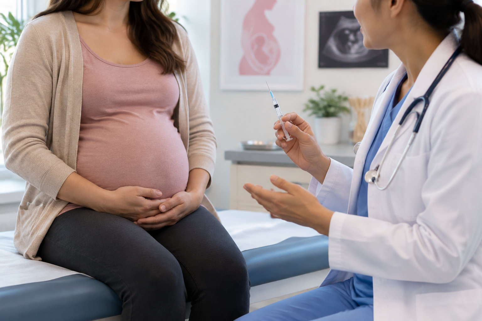 Une médecin en blouse blanche tient une seringue devant une femme enceinte assise sur une table d’examen.