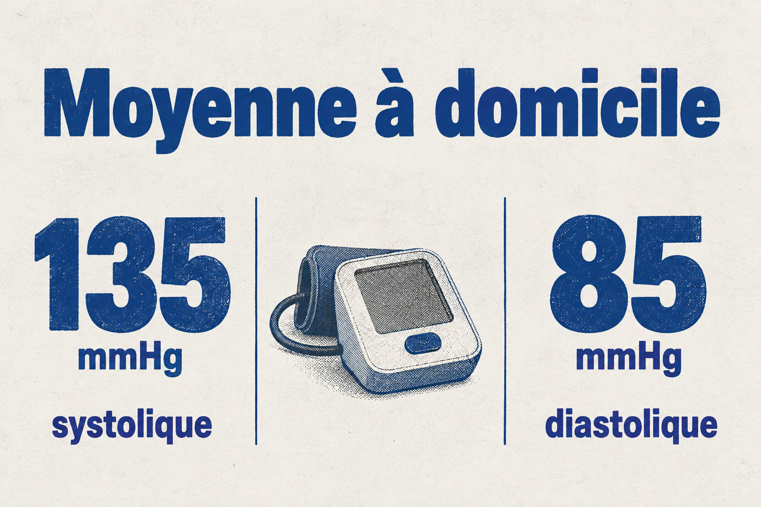 Le repère de moyenne à domicile est de 135 mmHg pour la valeur systolique et de 85 mmHg pour la valeur diastolique.